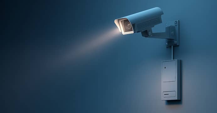 Caméra Surveillance LED : Sécurité Nuit et Surveillance Caméra de surveillance blanche fixée au mur bleu foncé, émettant un faisceau lumineux, avec un boîtier de raccordement en dessous.