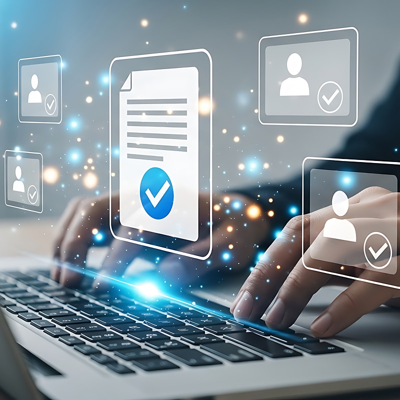 Validation et gestion des données numériques sur ordinateur Mains tapant sur un ordinateur portable avec des icônes numériques flottantes de documents cochés et de profils validés, symbolisant la gestion des données et la vérification en ligne.