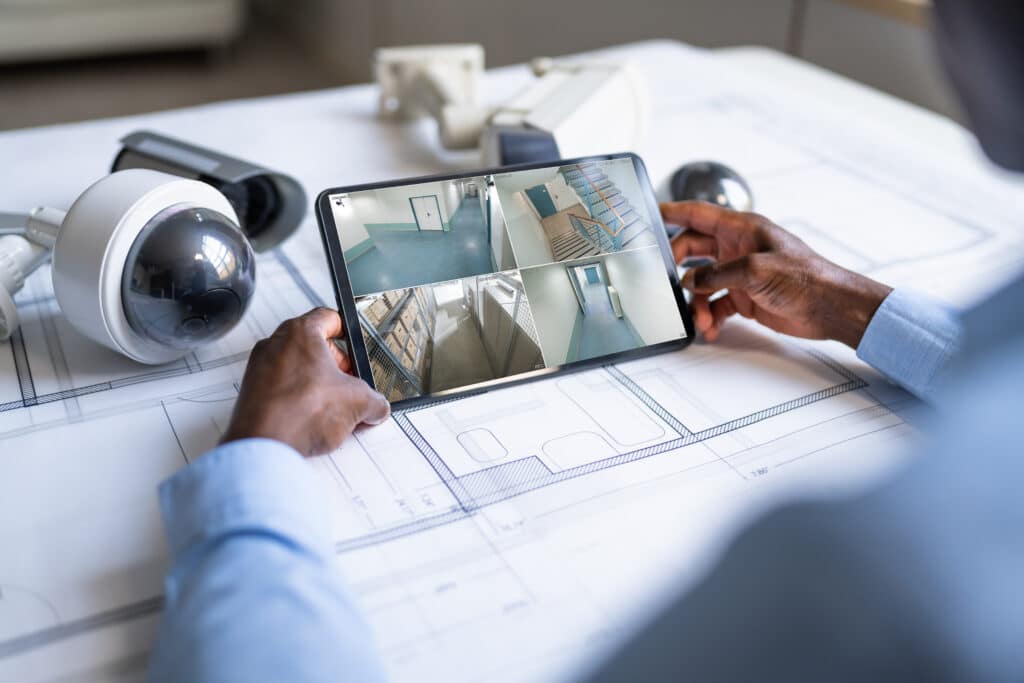 Vérification de plans de sécurité : tablette et caméras CCTV Ingénieur noir vérifie des plans d'étage avec une tablette affichant quatre flux de caméras de sécurité.